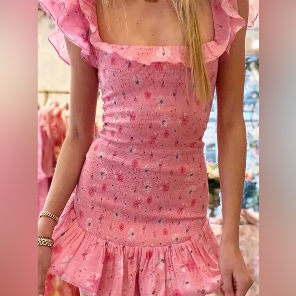LoveshackFancy Pink Floral Mini Dress